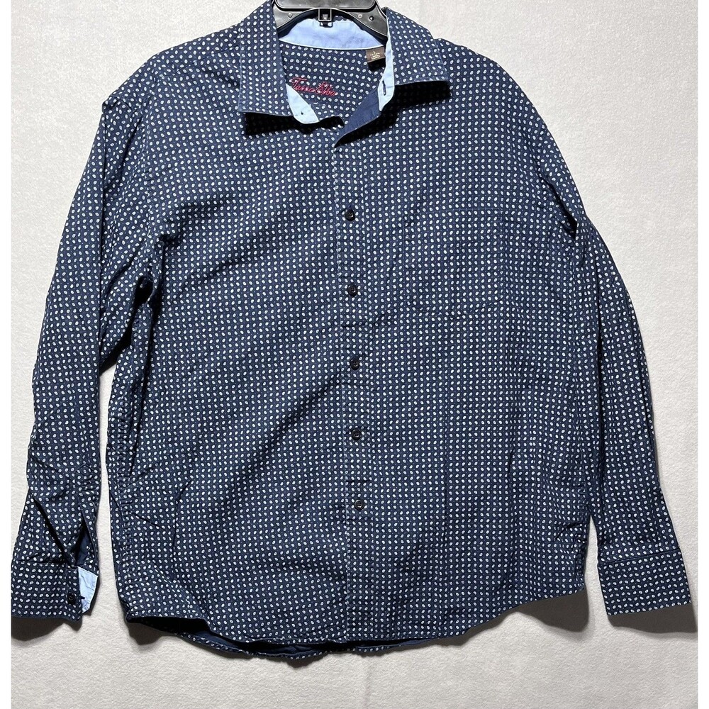 Tasso Elba Men’s L Navy Paisley Long Sleeve Button Up Shirt 100% Cotton